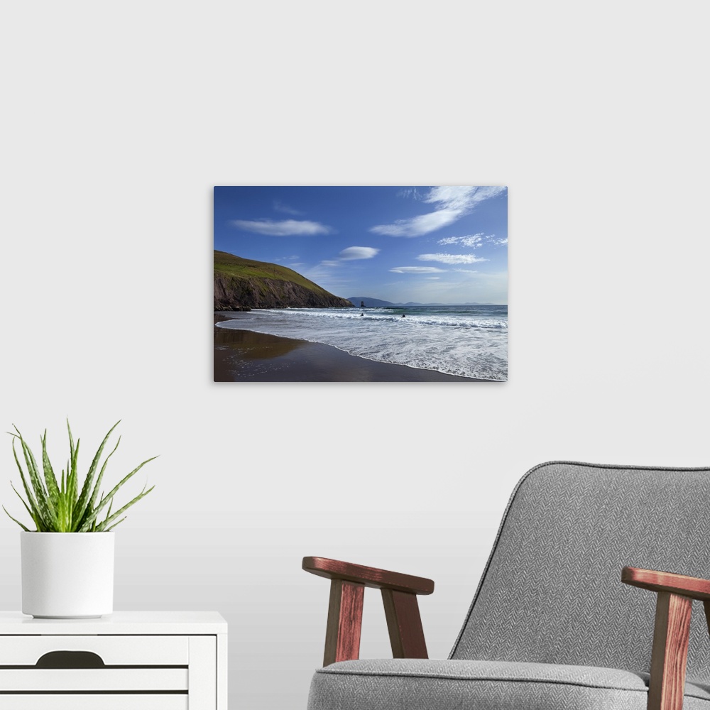 A modern room featuring Surfers on Dun Cin Tire Beach, Near Dingle Town, Dingle Peninsula, County Kerry, Ireland