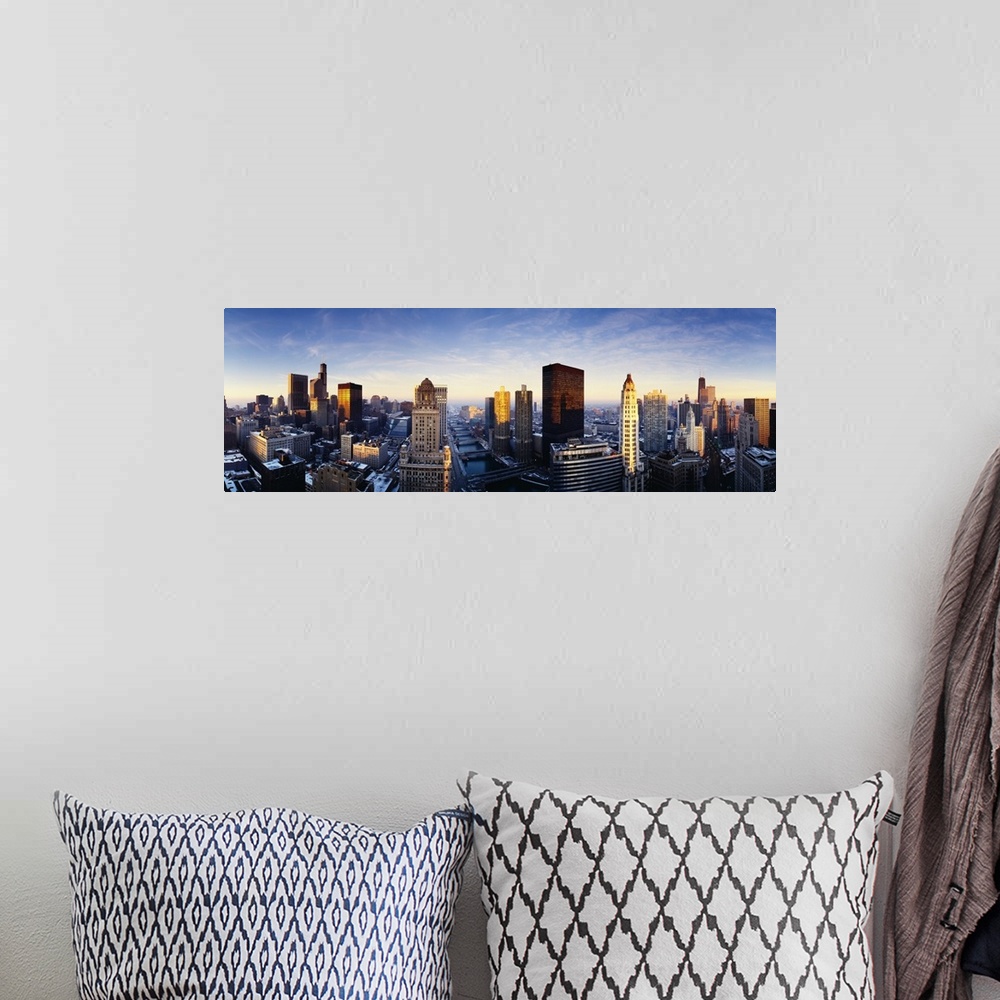 A bohemian room featuring Expansive panoramic photograph of the early morning sunrise over Chicago, Illinois (IL) landscape...