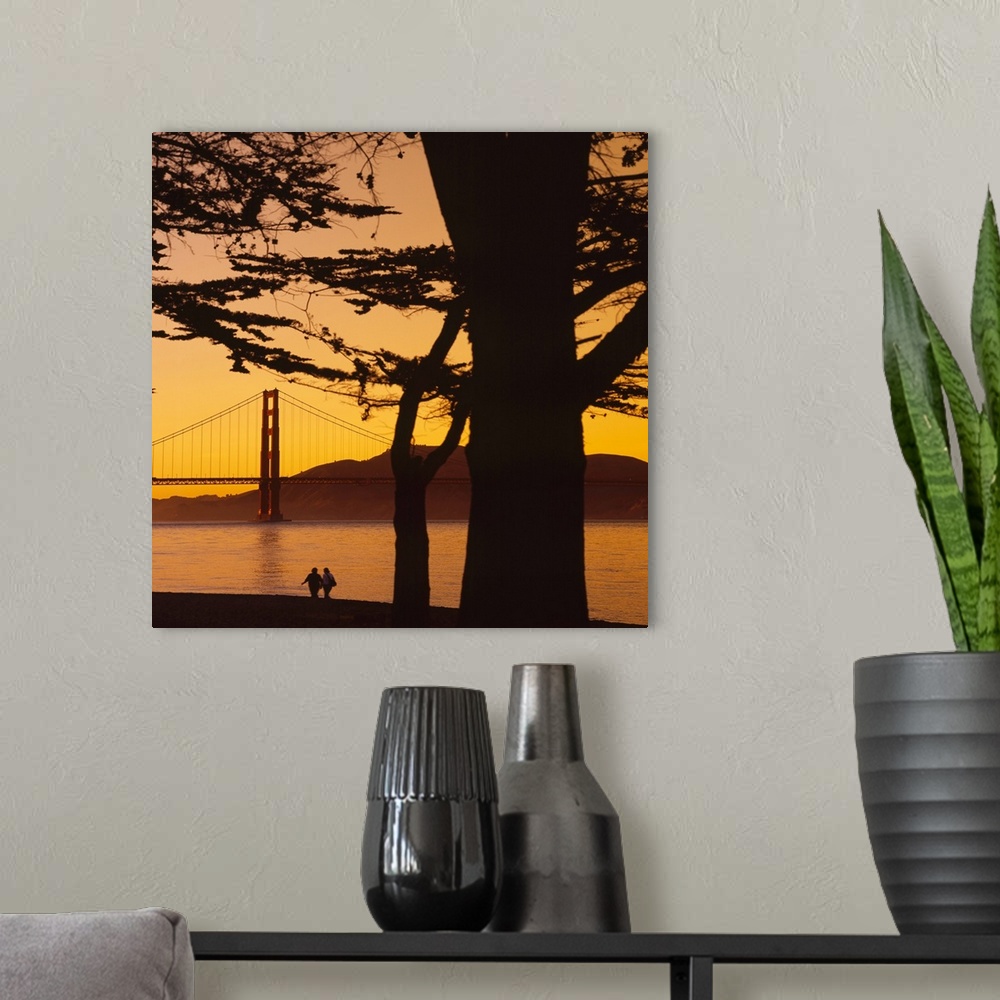 A modern room featuring This large piece is a photograph taken from behind a tree that has been silhouetted by the sunset...