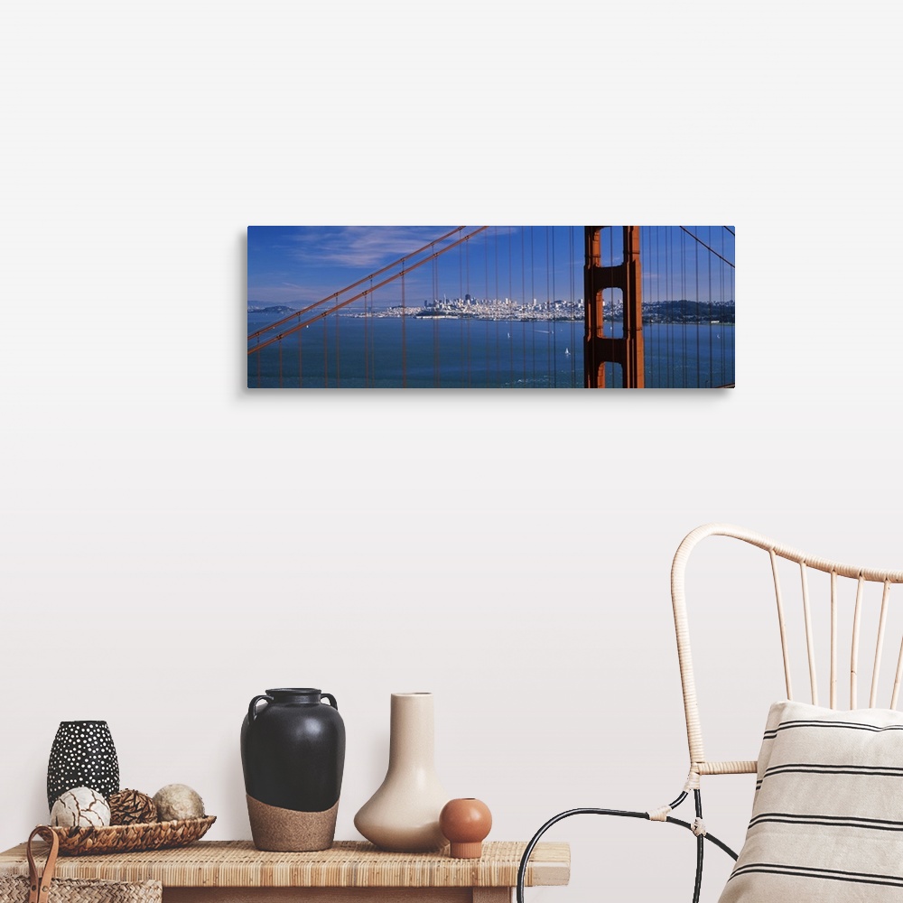 A farmhouse room featuring Suspension bridge with a city in the background, Golden Gate Bridge, San Francisco, California,