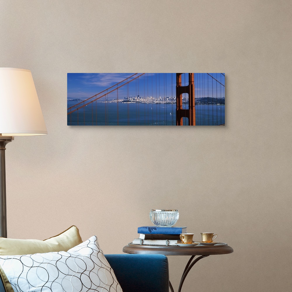 A traditional room featuring Suspension bridge with a city in the background, Golden Gate Bridge, San Francisco, California,