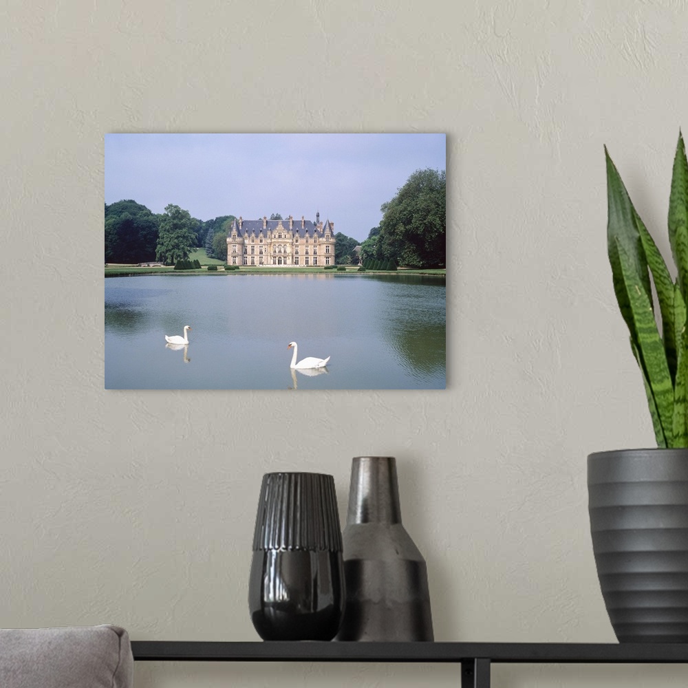 A modern room featuring Swan in a lake with a castle in the background