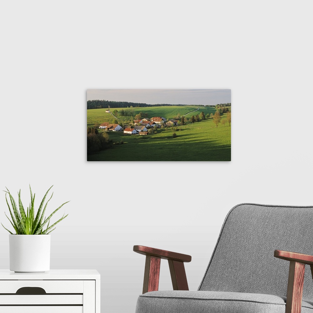 A modern room featuring Switzerland, Jura Mountains, La Bosse, High angle view of cottages in a valley