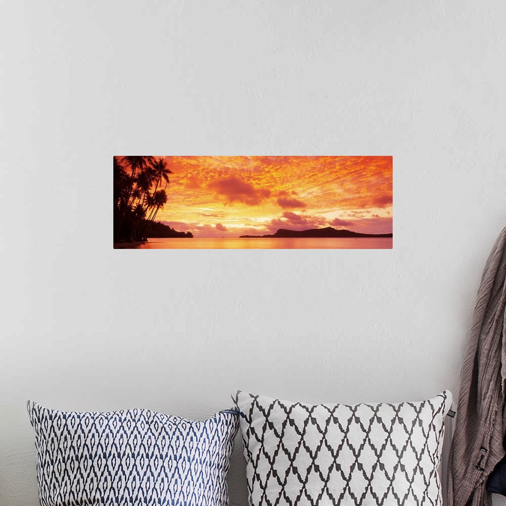 A bohemian room featuring Panoramic photograph includes a vivid sunset over a beach filled with palm trees.  In the backgro...