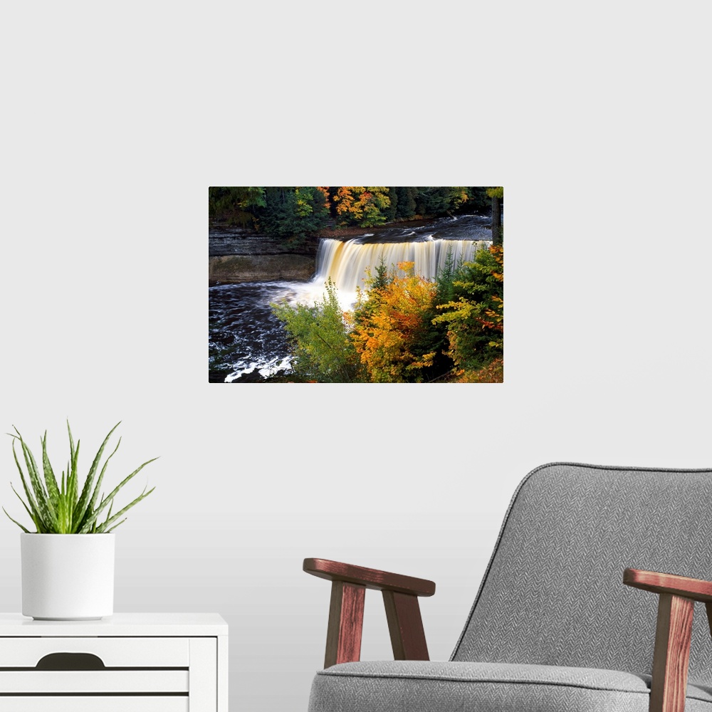 A modern room featuring Giant, horizontal photograph of Tahquamenon Falls surrounded by colorful fall foliage in Michigan.