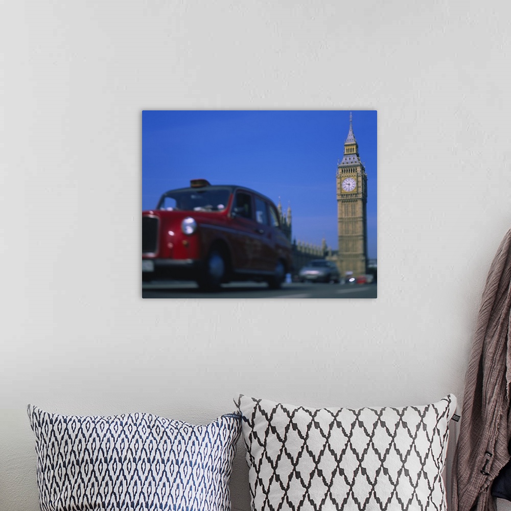 A bohemian room featuring Taxi on the road with clock tower in the background, Big Ben, London, England