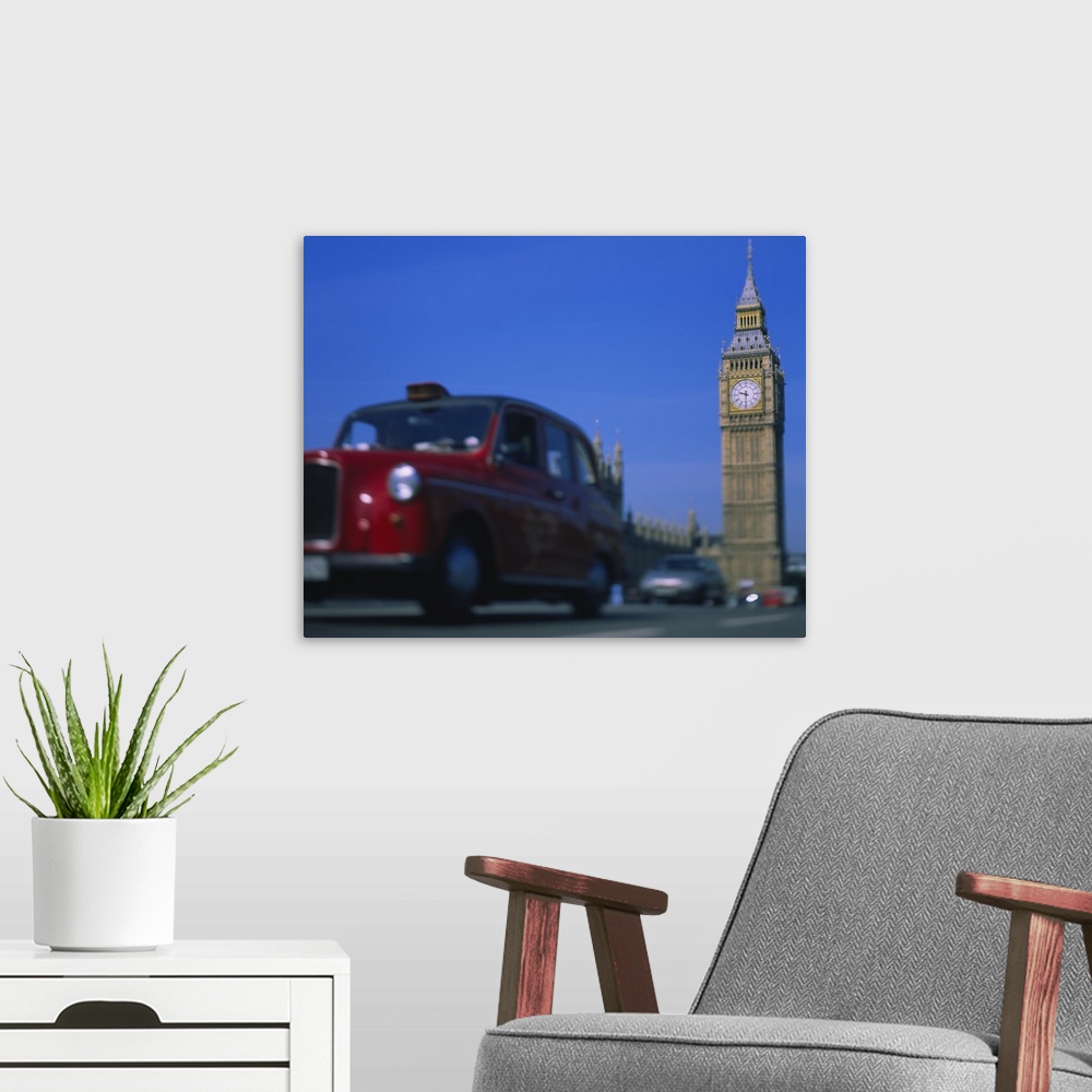 A modern room featuring Taxi on the road with clock tower in the background, Big Ben, London, England