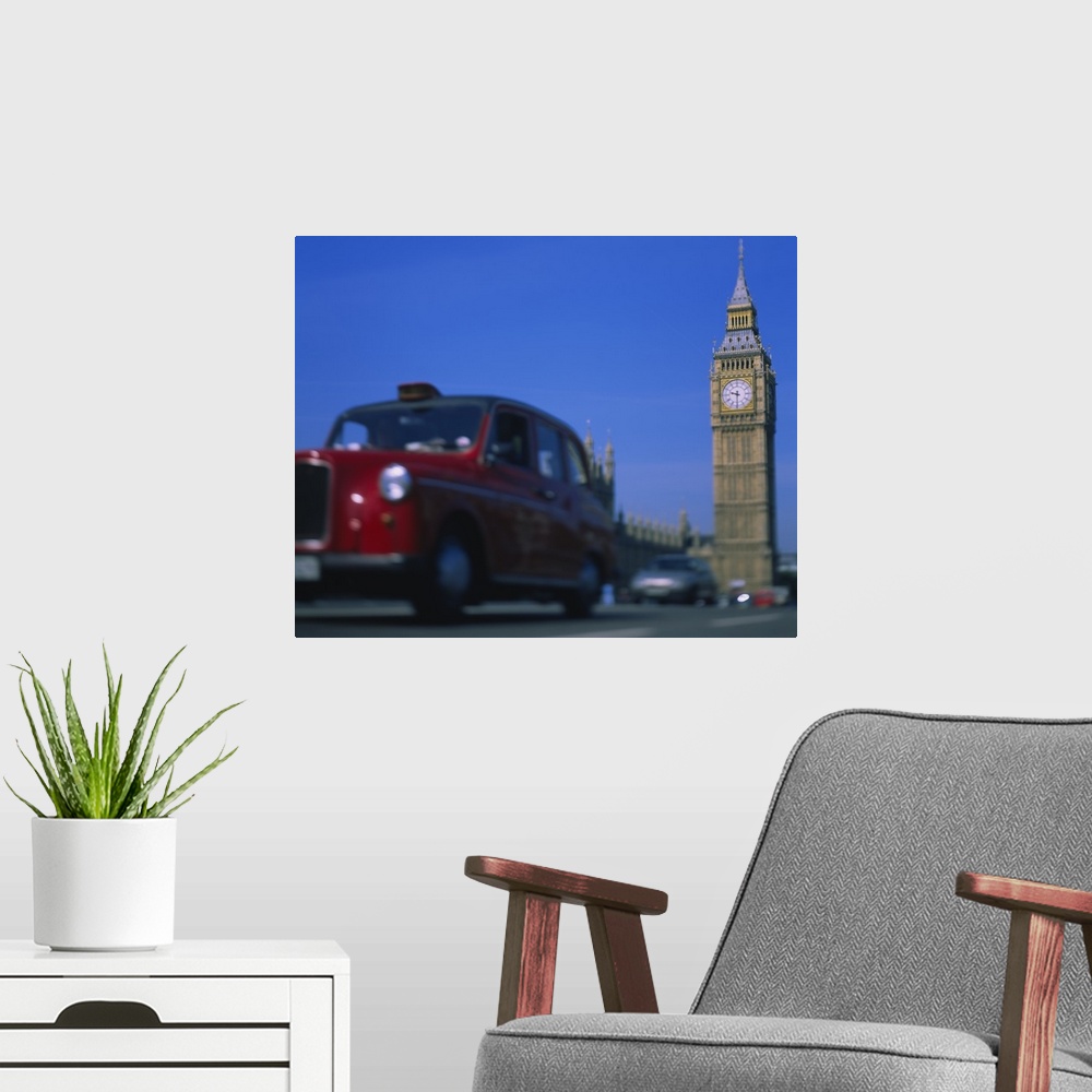 A modern room featuring Taxi on the road with clock tower in the background, Big Ben, London, England