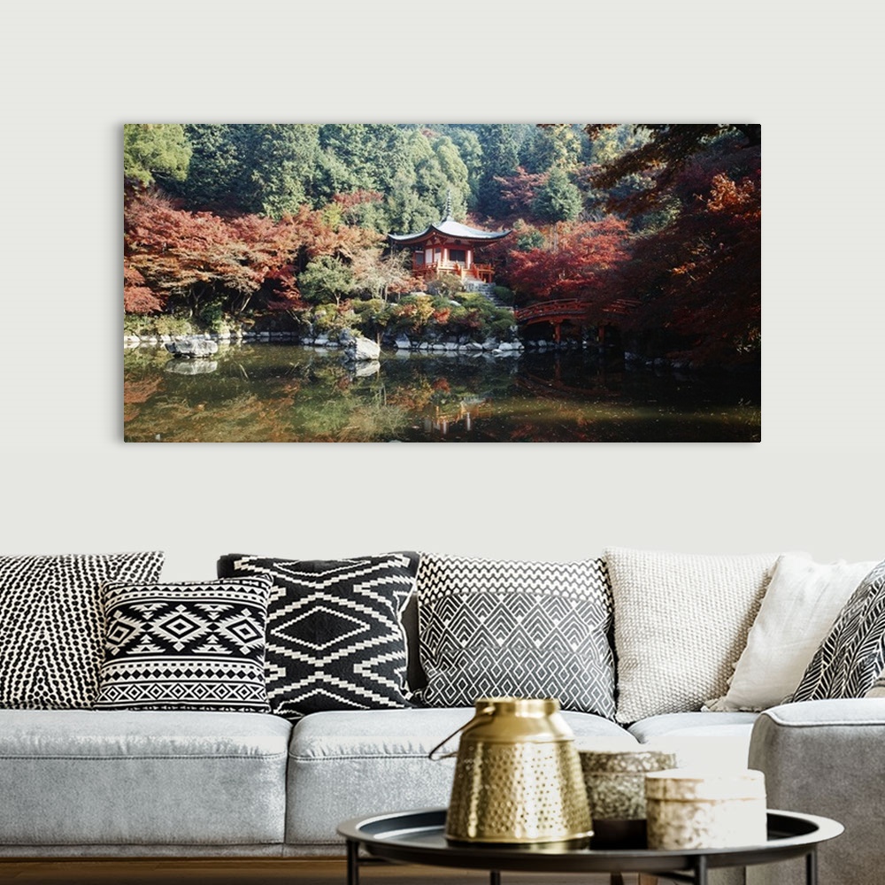 A bohemian room featuring Temple behind a pond, Daigo-Ji Temple, Kyoto City, Kyoto Prefecture, Kinki Region, Japan