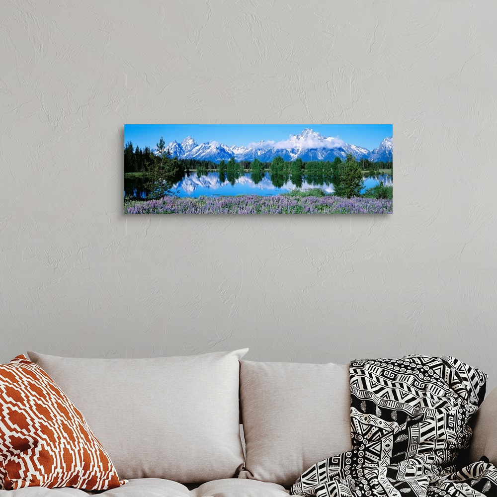 A bohemian room featuring This panoramic landscape photograph shows wildflowers growing around a lake that reflects the tre...