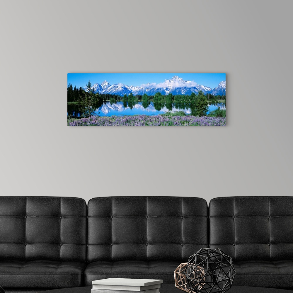 A modern room featuring This panoramic landscape photograph shows wildflowers growing around a lake that reflects the tre...