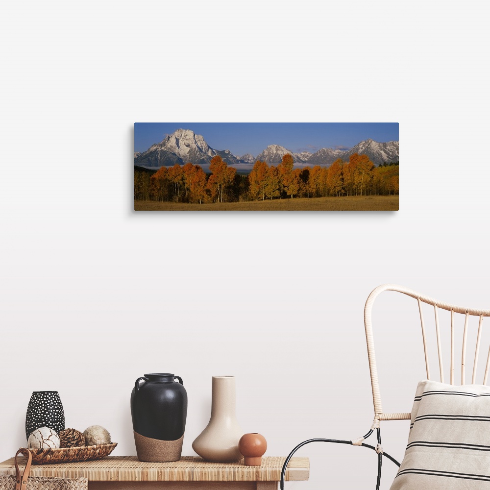 A farmhouse room featuring Photograph taken of immense snow capped mountains with autumn colored trees and a field shown in ...