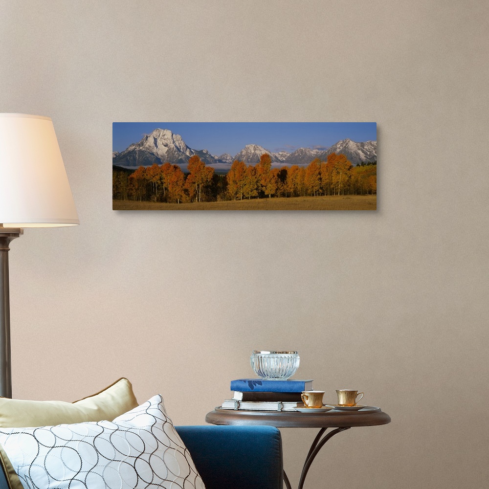 A traditional room featuring Photograph taken of immense snow capped mountains with autumn colored trees and a field shown in ...