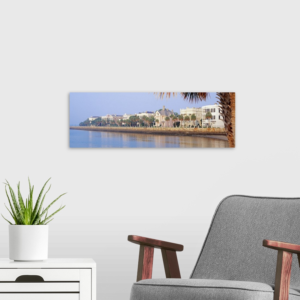 A modern room featuring Angled panoramic photo of buildings on the Battery Waterfront in Charleston, South Carolina.