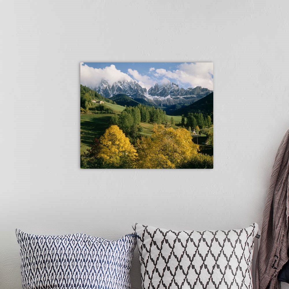 A bohemian room featuring Big photograph includes an open landscape in Europe filled with scattered trees and a few houses....