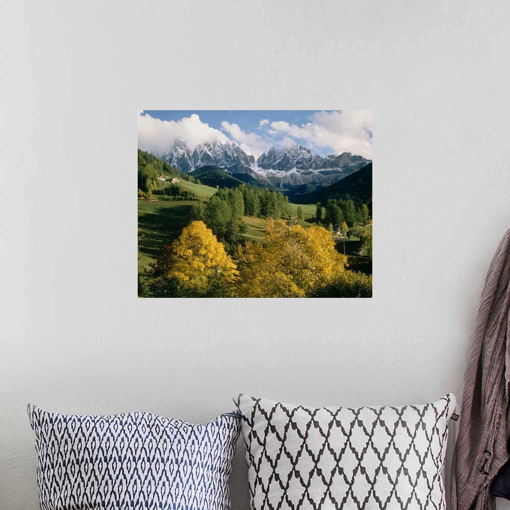A bohemian room featuring Big photograph includes an open landscape in Europe filled with scattered trees and a few houses....