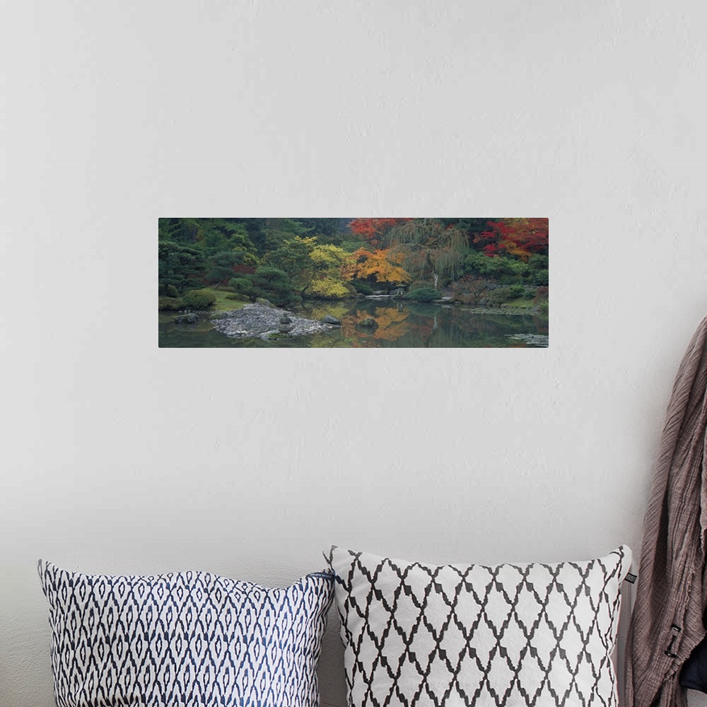 A bohemian room featuring Giant panoramic photo of the Japanese Garden in Seattle, Washington (WA) with trees and stones li...