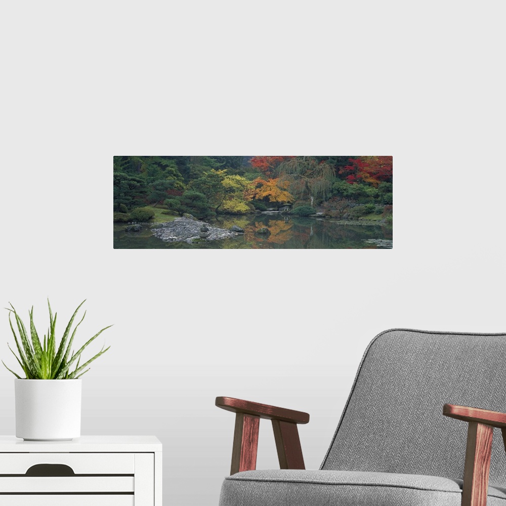 A modern room featuring Giant panoramic photo of the Japanese Garden in Seattle, Washington (WA) with trees and stones li...