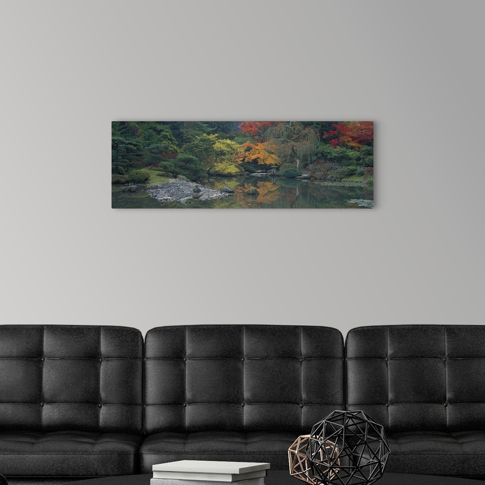 A modern room featuring Giant panoramic photo of the Japanese Garden in Seattle, Washington (WA) with trees and stones li...