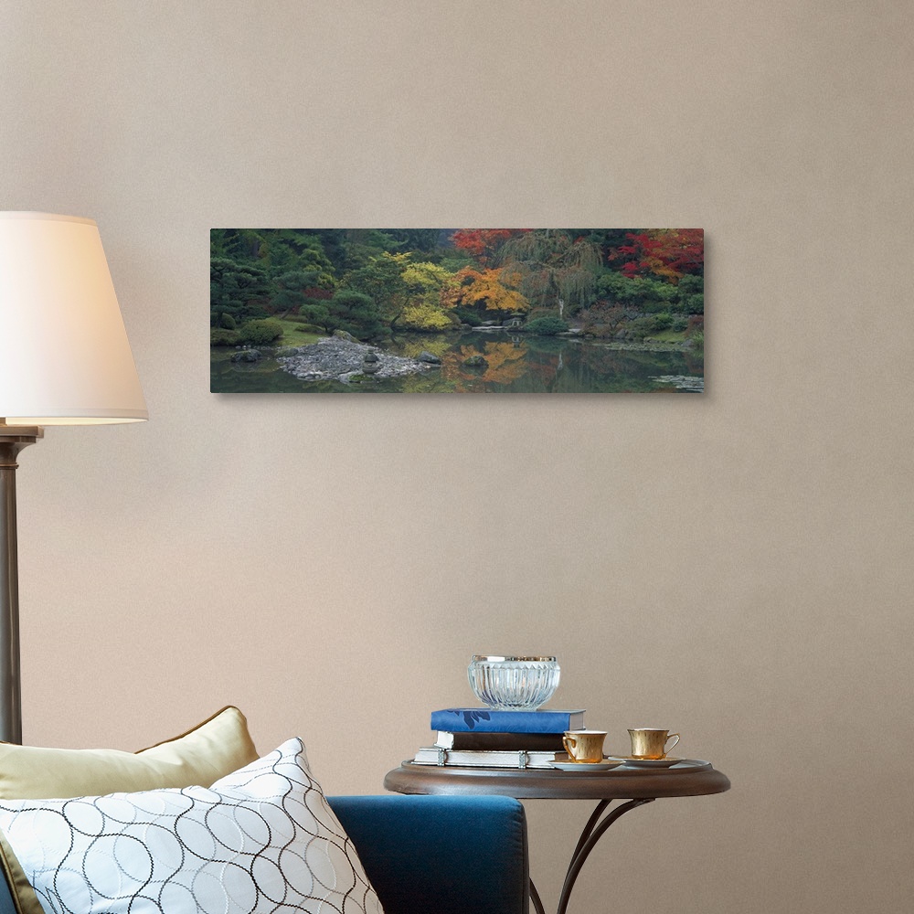 A traditional room featuring Giant panoramic photo of the Japanese Garden in Seattle, Washington (WA) with trees and stones li...