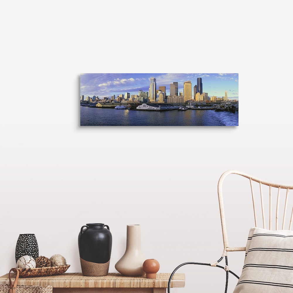 A farmhouse room featuring This is the skyline and harbor of Seattle.