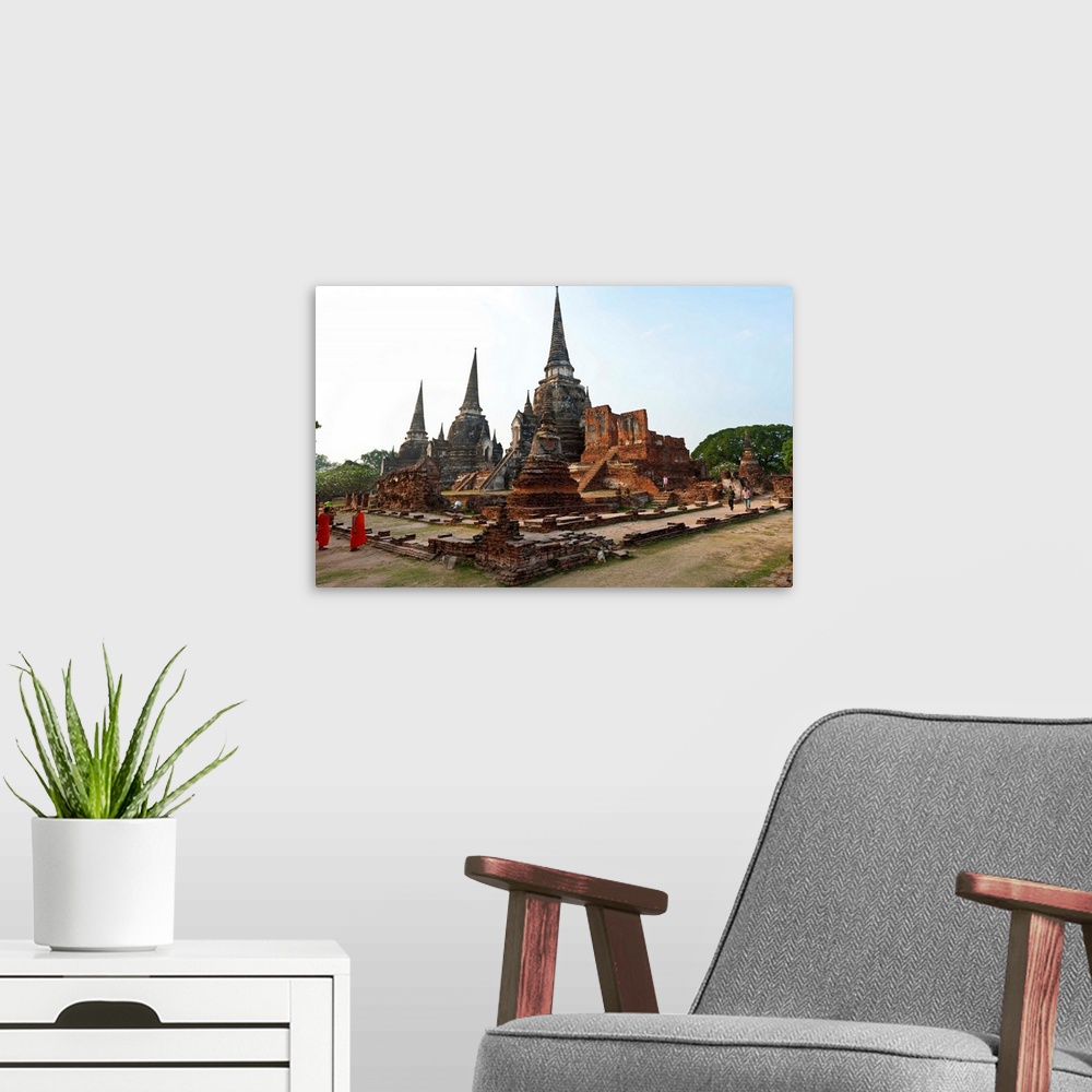 A modern room featuring Three stupas of Buddhist temple, Wat Phra Si Sanphet, Ayuthaya, Thailand