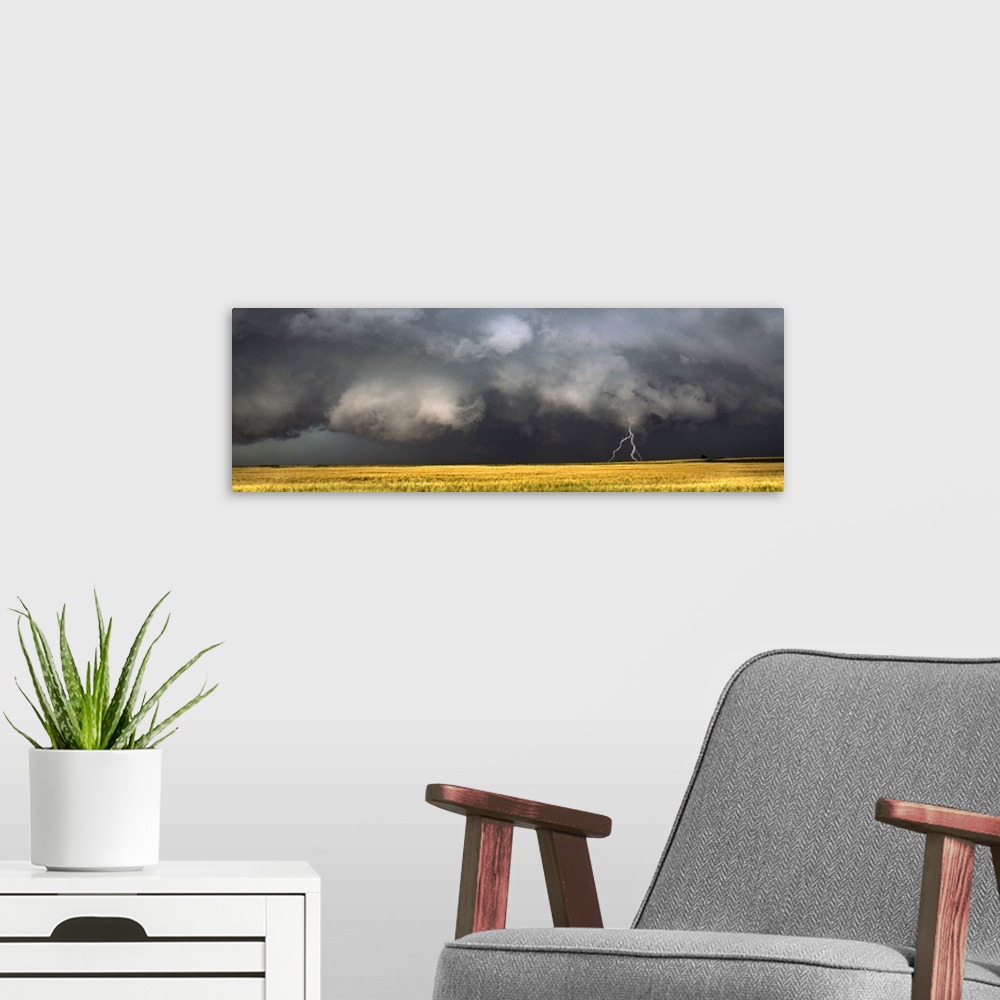 A modern room featuring Panoramic photograph of storm clouds with lightning striking the ground over a meadow of tall grass.