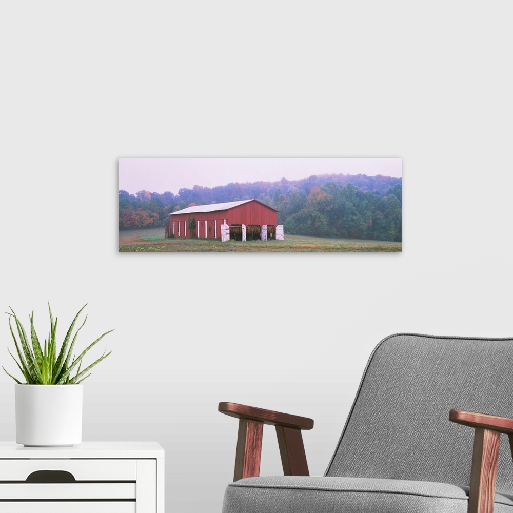 A modern room featuring Tobacco Drying in a Red Barn in a field, Kentucky