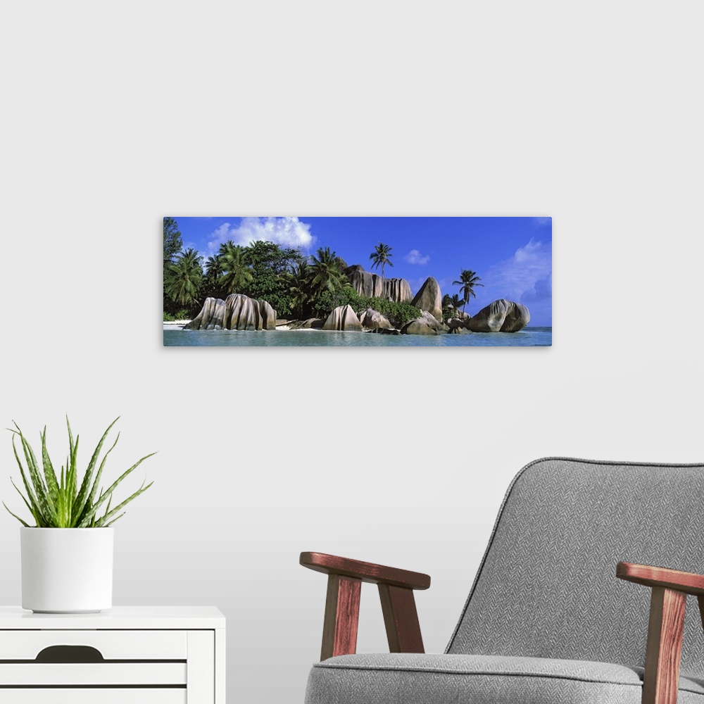 A modern room featuring Panoramic canvas photo of big smooth rocks on an ocean shore with a forest of palm behind them.