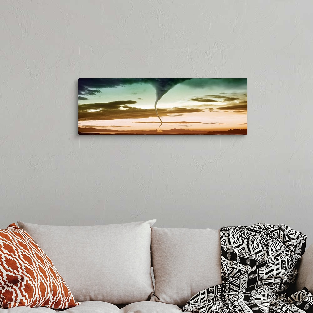 A bohemian room featuring This panoramic photograph with an exciting color palette is bisected by a writhing funnel cloud t...