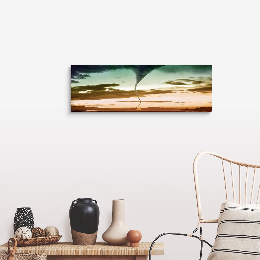 A farmhouse room featuring This panoramic photograph with an exciting color palette is bisected by a writhing funnel cloud t...