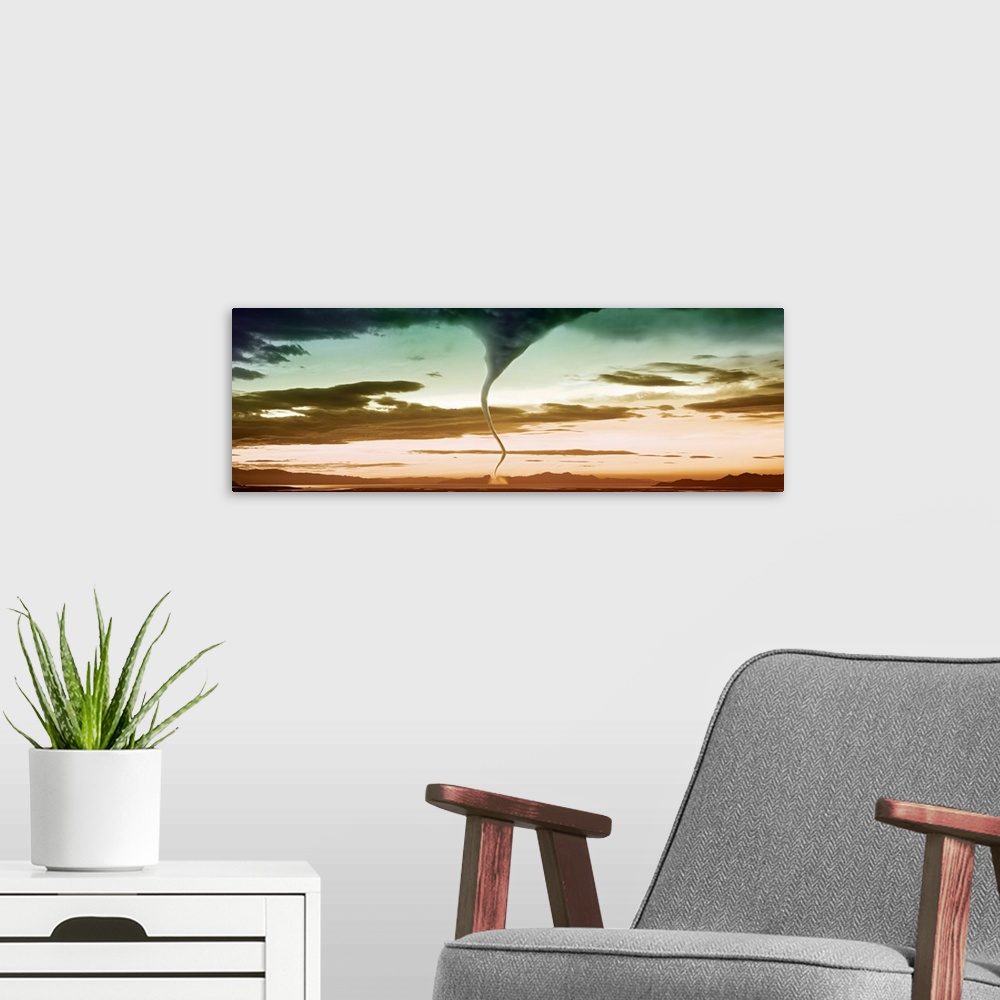 A modern room featuring This panoramic photograph with an exciting color palette is bisected by a writhing funnel cloud t...