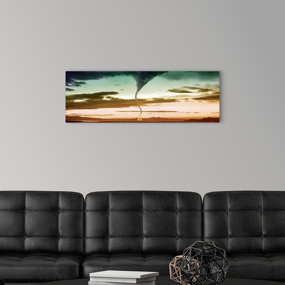 A modern room featuring This panoramic photograph with an exciting color palette is bisected by a writhing funnel cloud t...