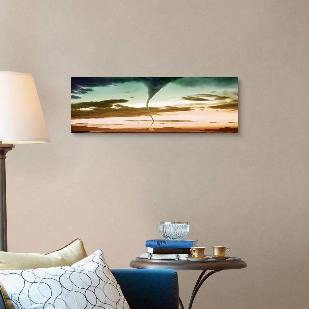 A traditional room featuring This panoramic photograph with an exciting color palette is bisected by a writhing funnel cloud t...