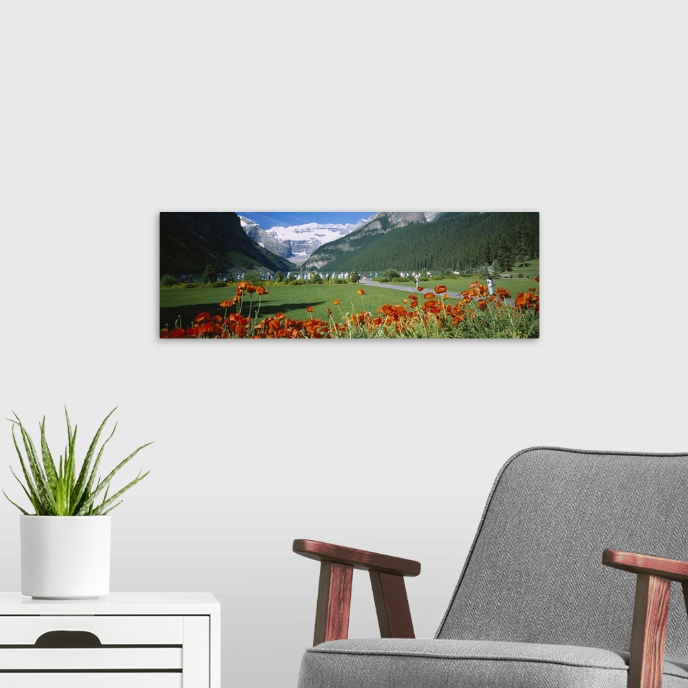 A modern room featuring Tourist walking in a park, Lake Louise, Banff National Park, Alberta, Canada
