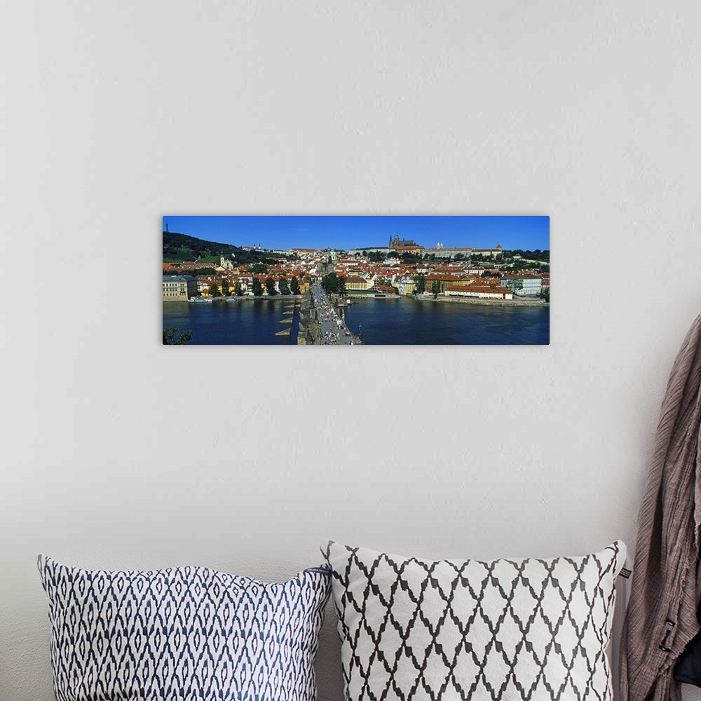 A bohemian room featuring Tourists on a bridge, Charles Bridge, Vltava River, Prague, Czech Republic