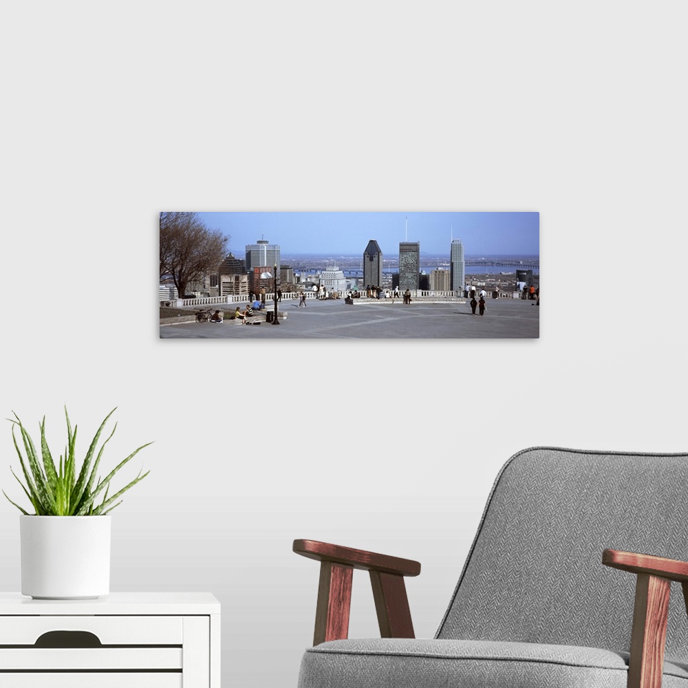 A modern room featuring Tourists on a mountain lookout with a city in the background, Kondiaronk Belvedere, Montreal, Que...