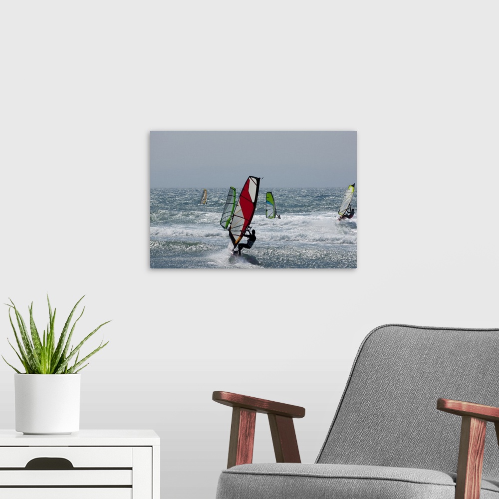 A modern room featuring Tourists windsurfing in the ocean, Meyers Beach, Meyers Creek, Gold Beach, Oregon