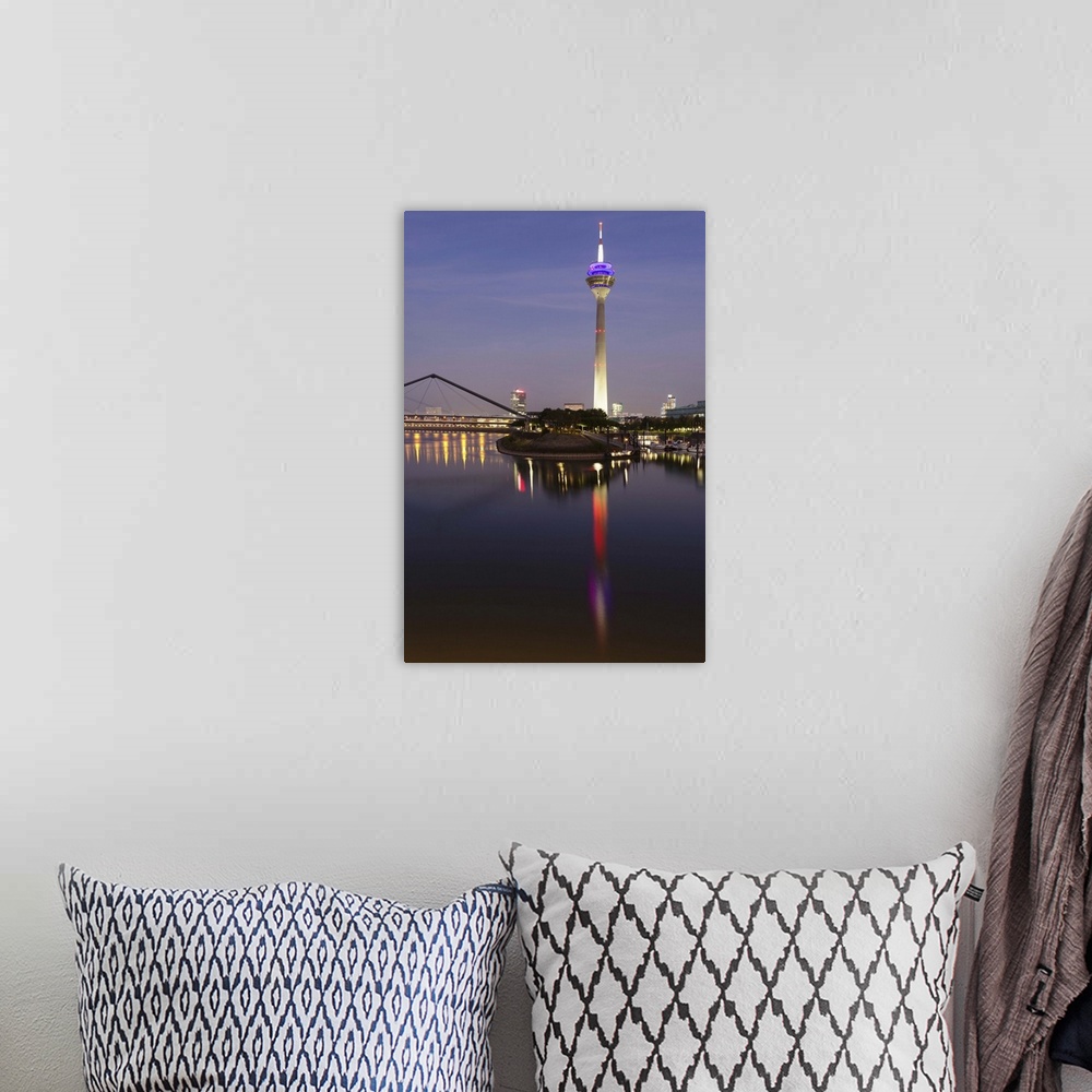 A bohemian room featuring Tower at a harbor, Rheinturm Tower, Media Harbour, Dusseldorf, Germany