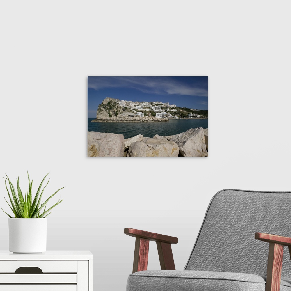 A modern room featuring Town on a mountain at the waterfront, Peschici, Promontorio del Gargano, Apulia, Italy