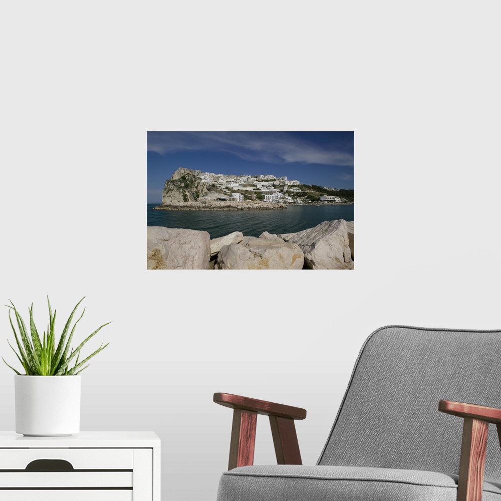 A modern room featuring Town on a mountain at the waterfront, Peschici, Promontorio del Gargano, Apulia, Italy