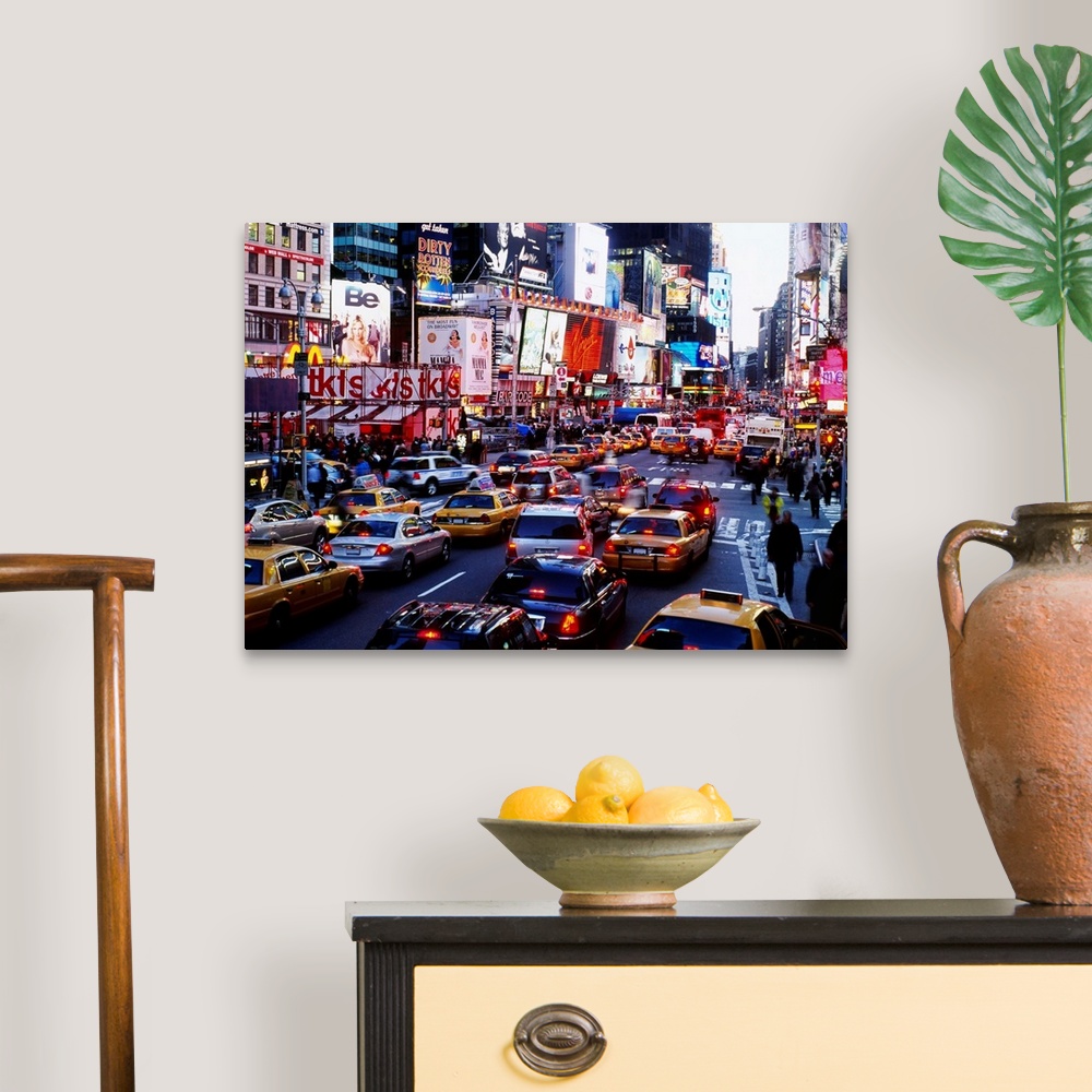 A traditional room featuring A landscape photograph of the chaotic city traffic crowded with taxi cabs, personal vehicles, and...