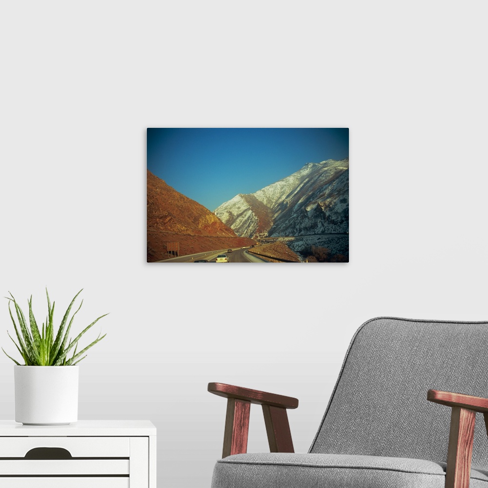 A modern room featuring Traffic on the road, Interstate 80, Wasatch Mountains, Salt Lake City, Utah