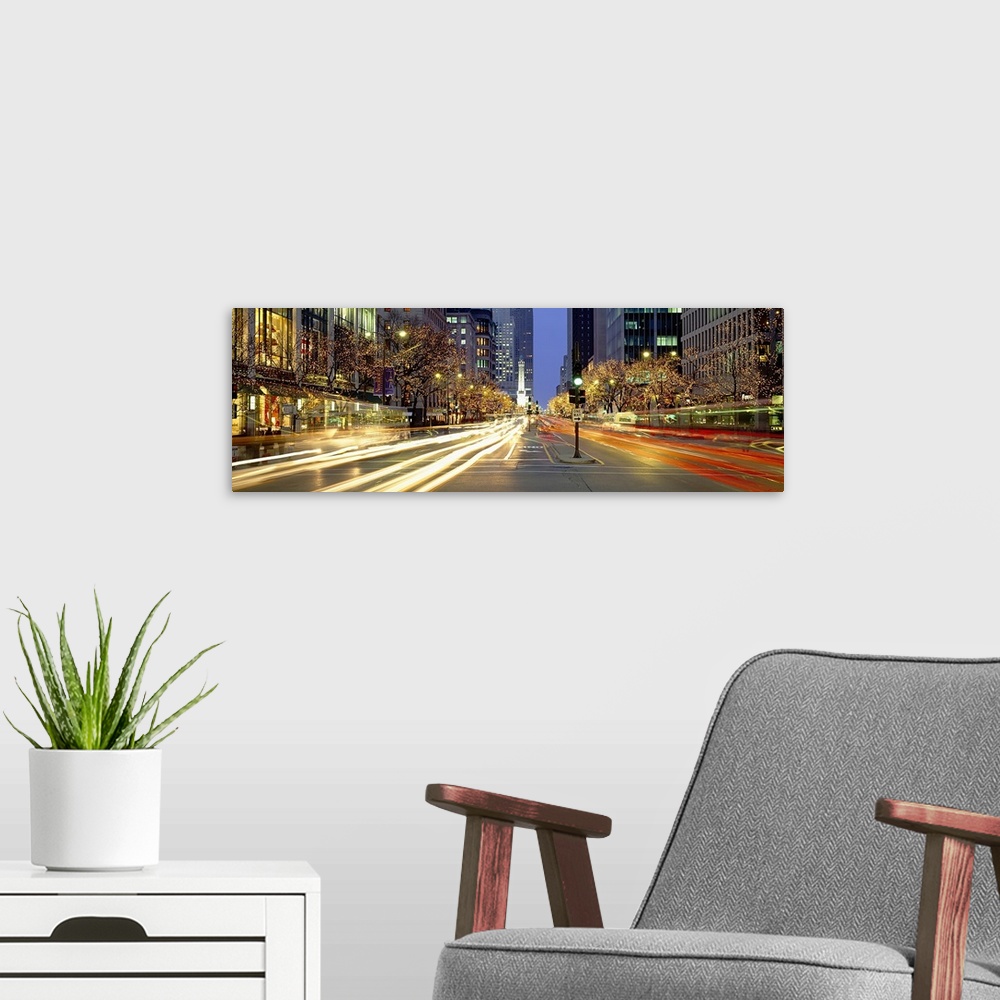 A modern room featuring Panoramic photo of a busy street in Chicago, Illinois (IL) lined with trees decorated with Christ...