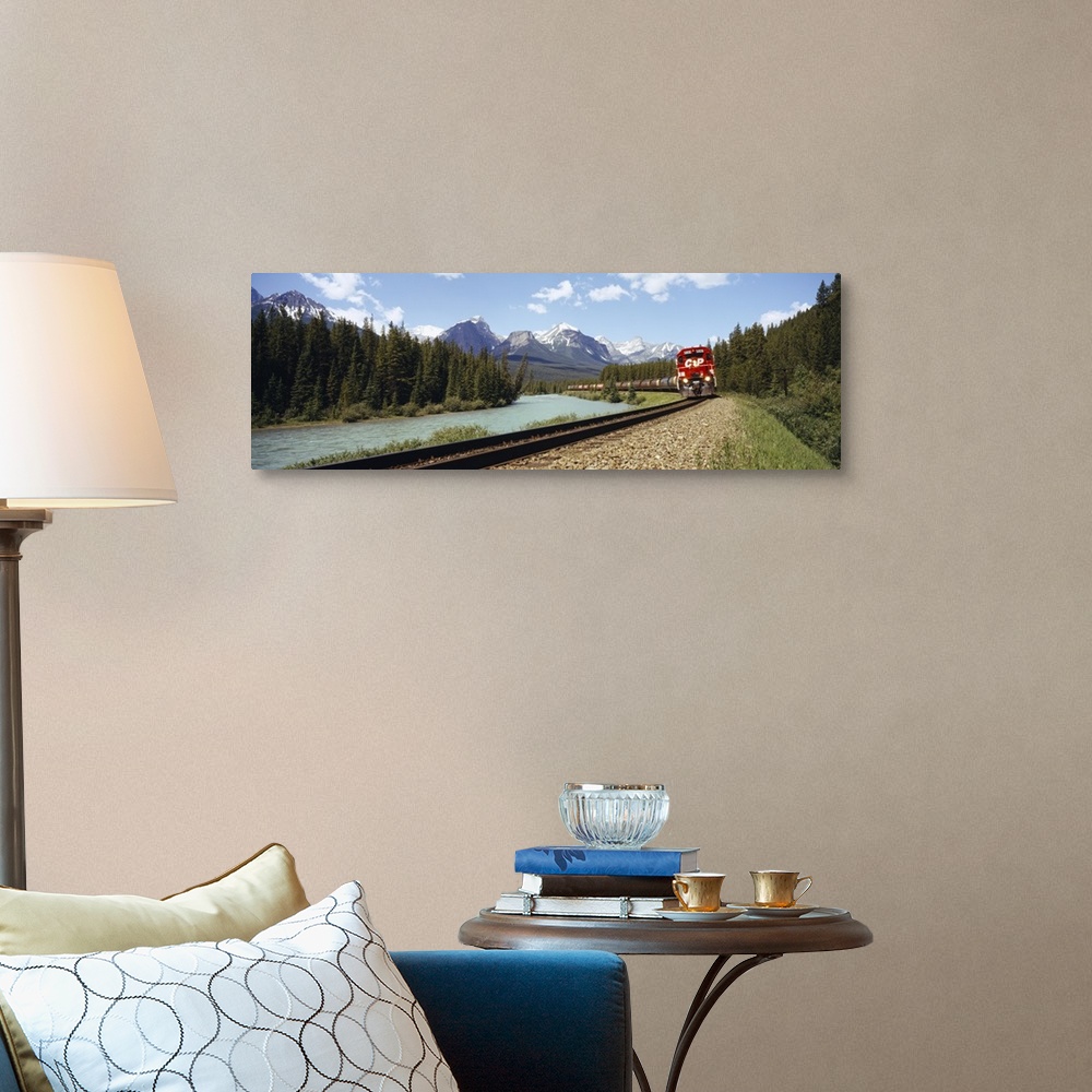 A traditional room featuring Train on a railroad track, Morants Curve, Banff National Park, Alberta, Canada
