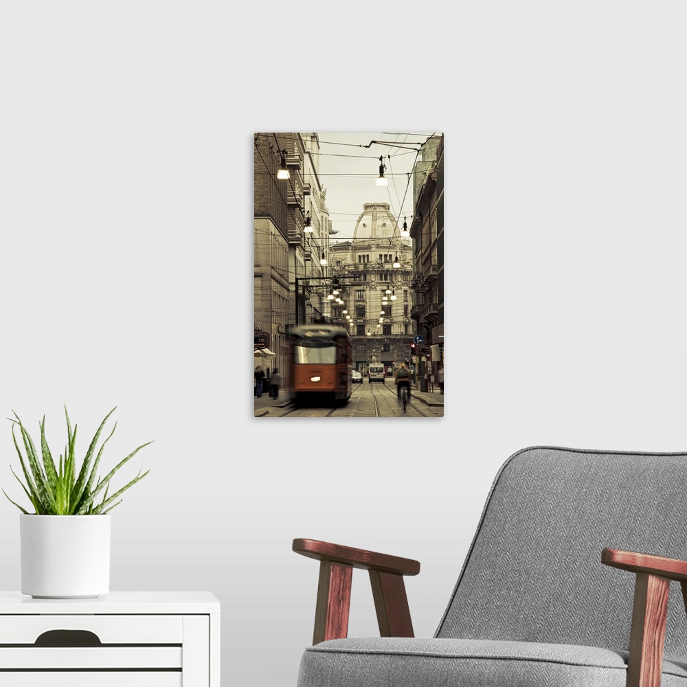 A modern room featuring Tram on a street, Piazza Del Duomo, Milan, Lombardy, Italy