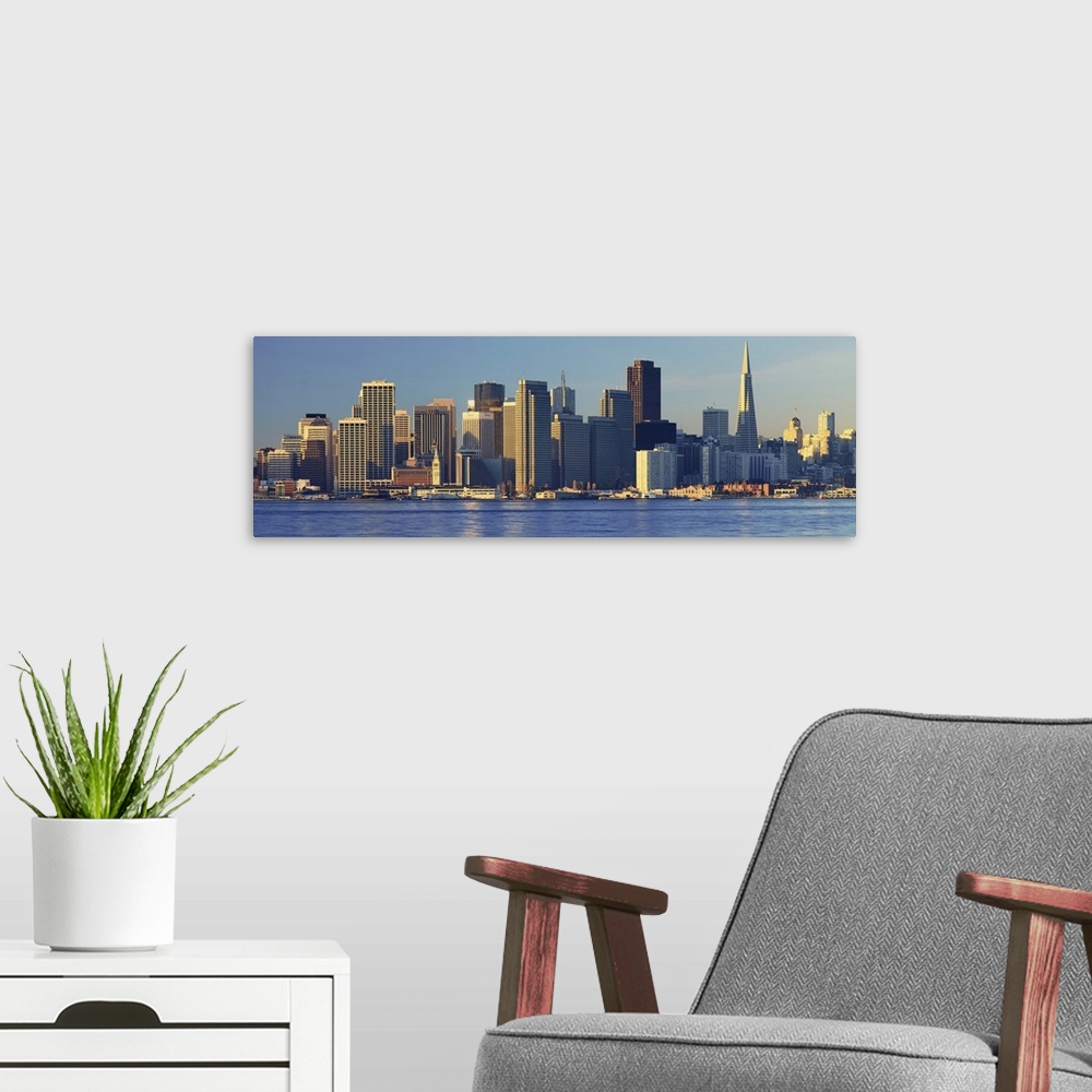A modern room featuring Morning view of the Transamerica Building and San Francisco skyline from Treasure Island, San Fra...