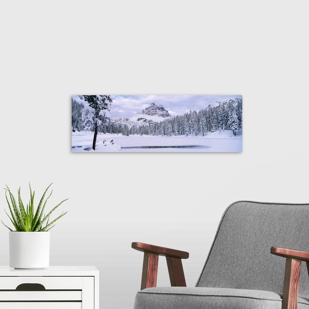 A modern room featuring Trees along a frozen lake, Lake Antorno, Tre Cime Di Lavaredo, Dolomites, Cadore, Province of Bel...