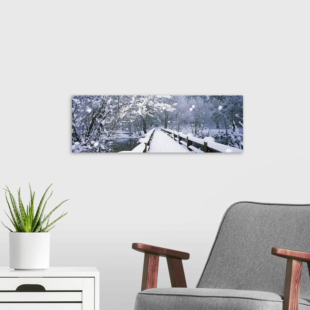 A modern room featuring Panoramic photograph of a wintry landscape of trees surrounding a snow covered footbridge as it c...