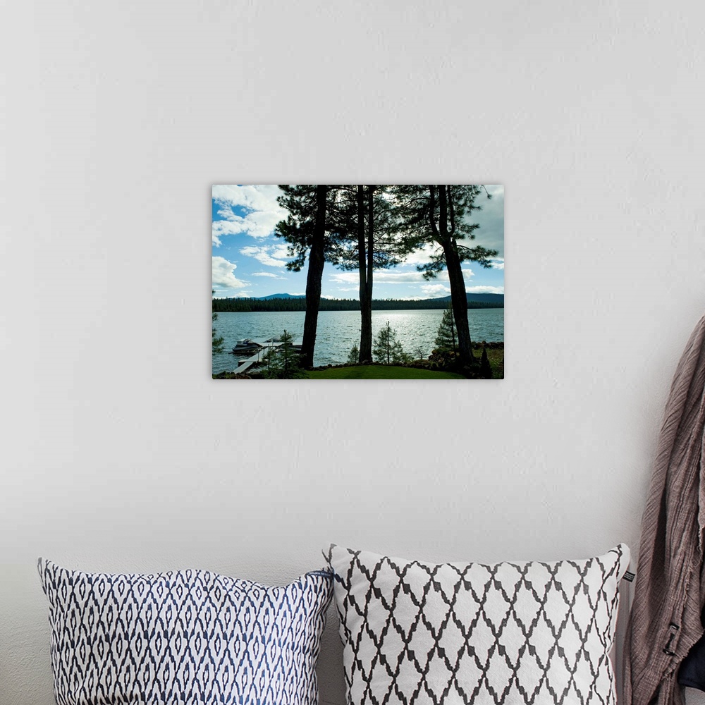 A bohemian room featuring Trees along shore with view of Mt Lassen, Lake Almanor, California